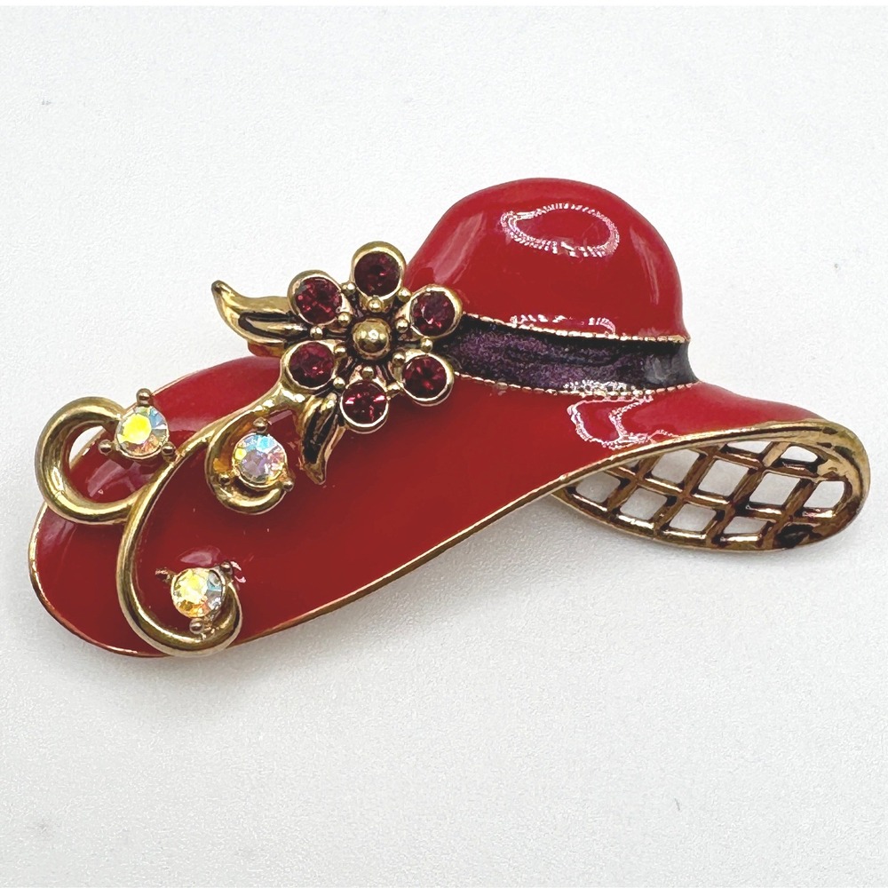 Red Hat Society Style Vtg. Red Enamel Hat Brooch Rhinestone Floral Gold Tone Pin